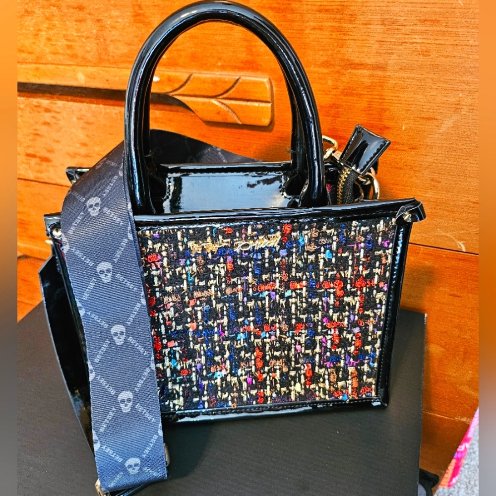 Betsey Johnson Black Tweed Multicolor Accent Patent Crossbody Bag